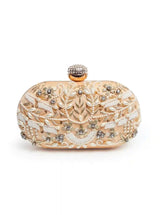 Elizah Gold Zardozi hand-embroidered clutch bag with intricate gold embroidery and traditional design.
