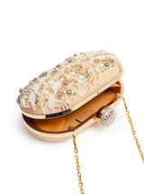 Gold Zardozi embroidered clutch bag with intricate hand embroidery, featuring a luxurious design by The Tan Clan.