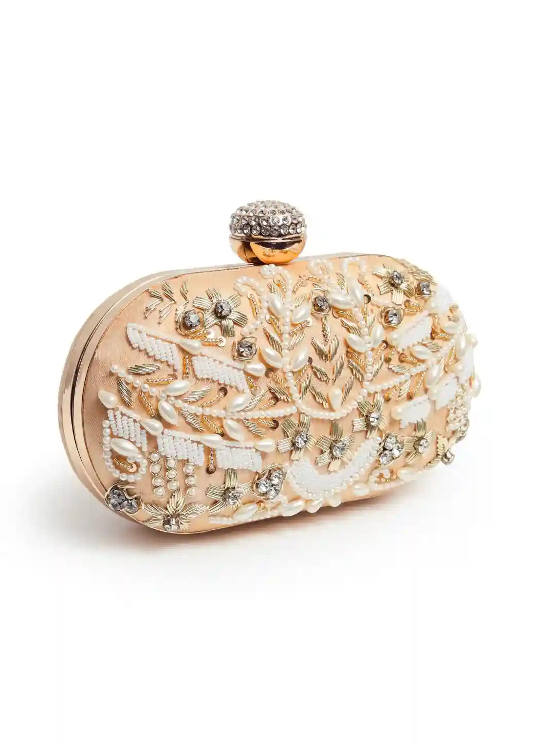 Elizah gold Zardozi hand-embroidered clutch by The Tan Clan showing intricate gold embroidery and elegant design.