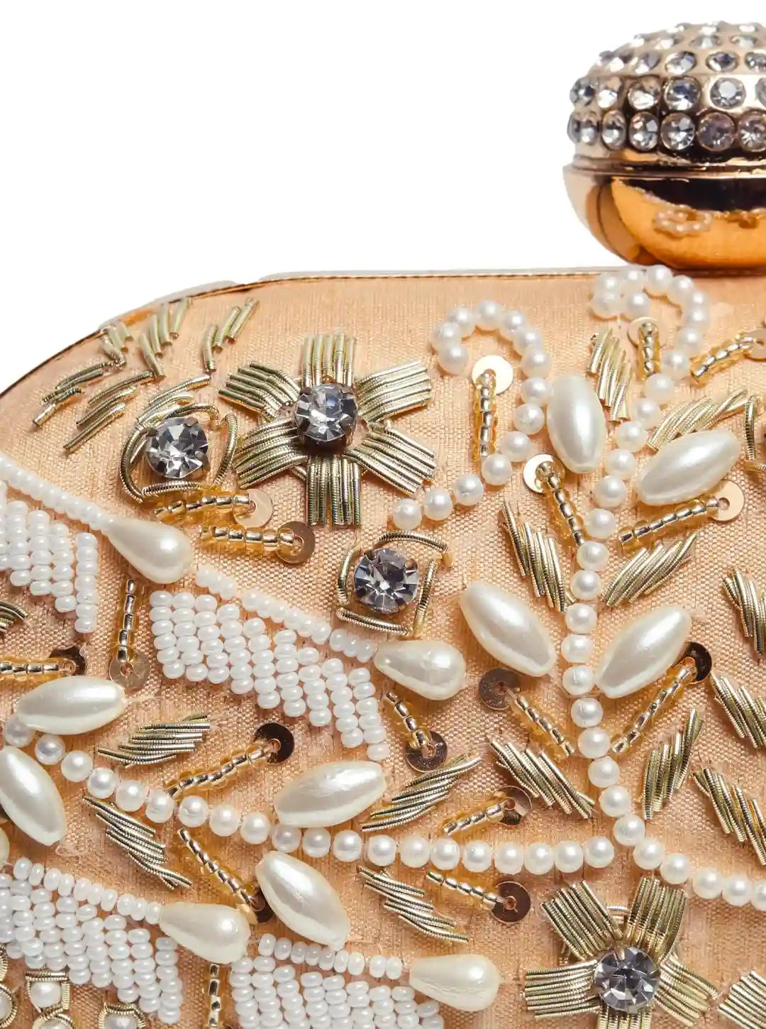 Gold Zardozi hand-embroidered clutch by The Tan Clan with intricate gold embroidery and traditional design.