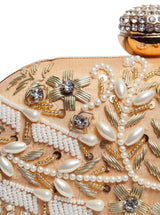 Gold Zardozi hand-embroidered clutch by The Tan Clan with intricate gold embroidery and traditional design.