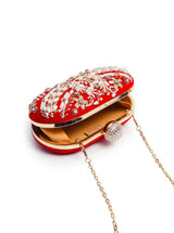 Red Zardozi embroidered clutch bag by The Tan Clan with intricate hand embroidery and elegant design.