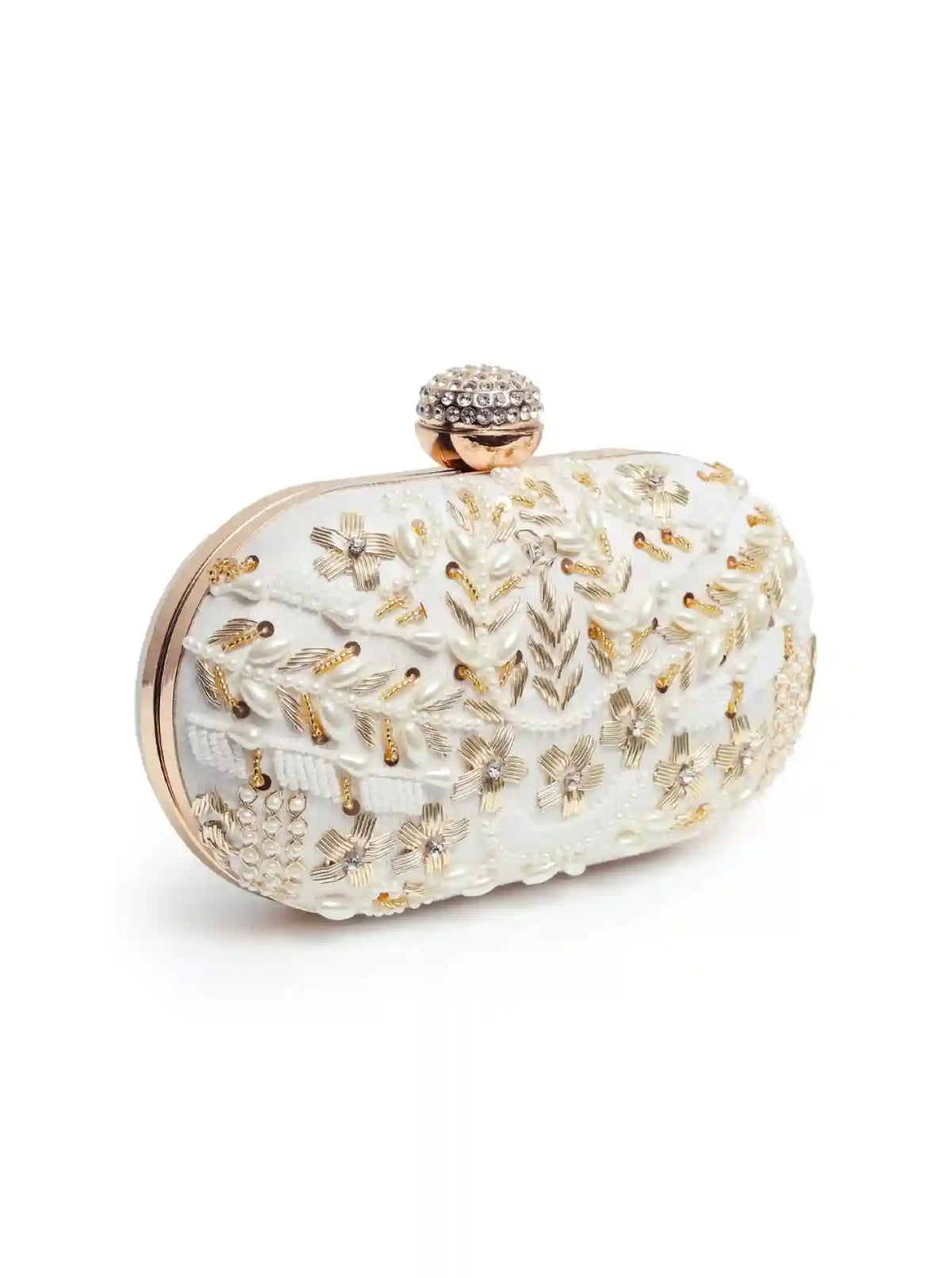 Elizah Zardozi hand-embroidered clutch with intricate gold and silver zardozi detailing, crafted by The Tan Clan.