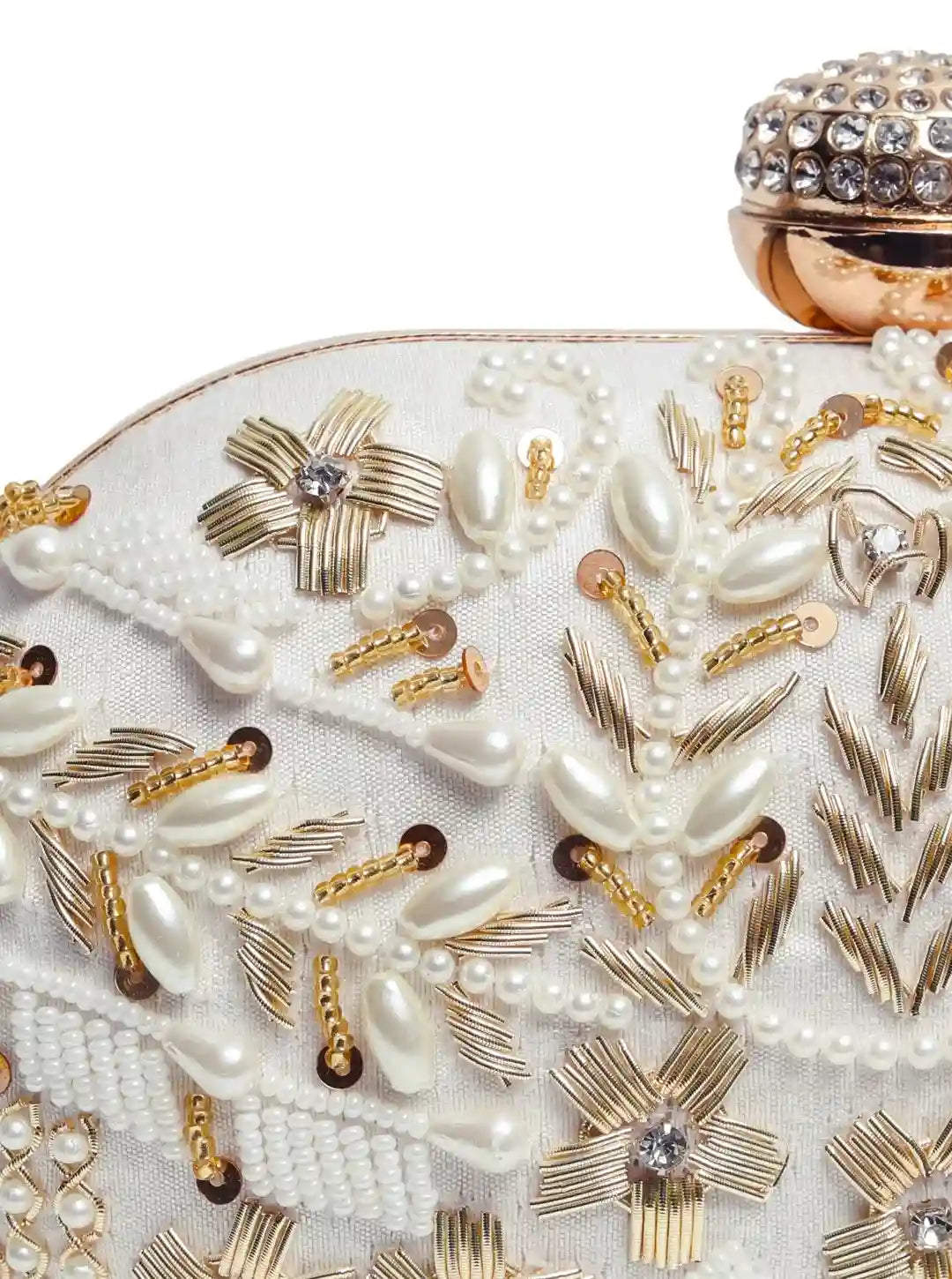 Elizah Zardozi hand-embroidered clutch bag with intricate metallic gold embroidery and elegant design.