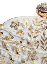 Elizah Zardozi hand-embroidered clutch bag with intricate metallic gold embroidery and elegant design.