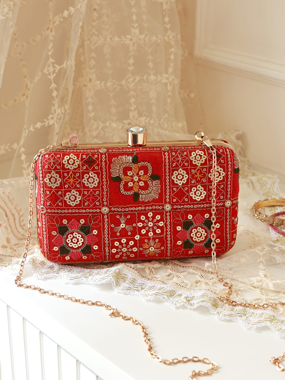 Elora Red Box Clutch by The Tan Clan, stylish rectangular handbag with a sleek red finish and elegant design.