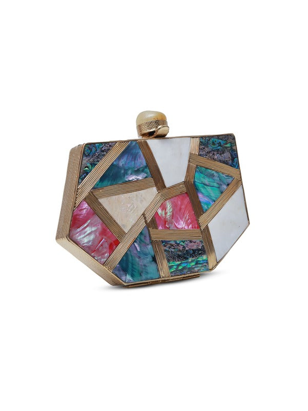 Multicolor mother of pearl clutch bag by The Tan Clan with a sleek, elegant design featuring iridescent pearl details.