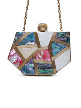 Emily multicolor mother of pearl clutch by The Tan Clan, featuring a shimmering iridescent surface and elegant rectangular shape.