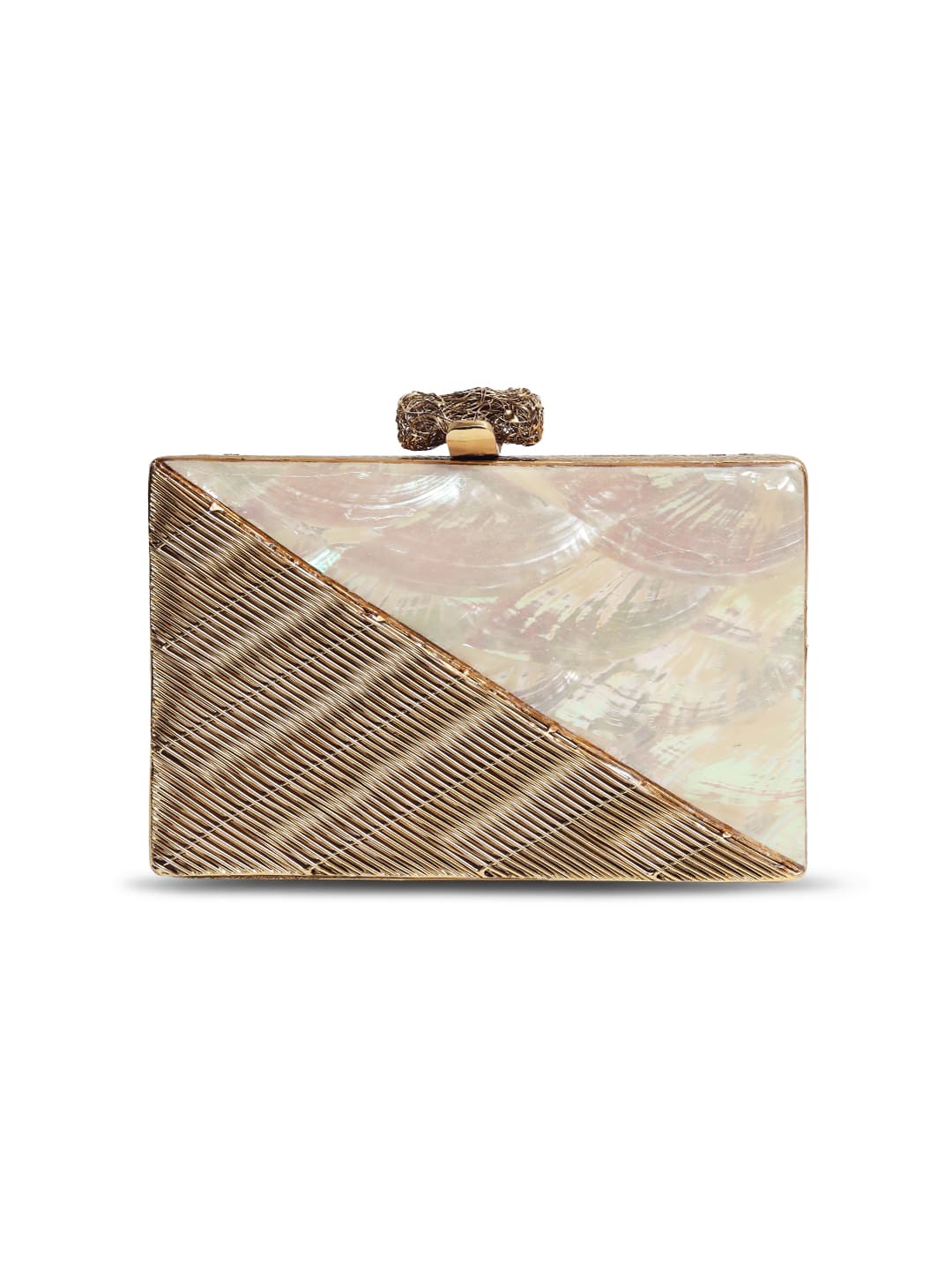 Erum Golden Embellished Brass Clutch with intricate gold detailing, compact design, and elegant craftsmanship by The Tan Clan.