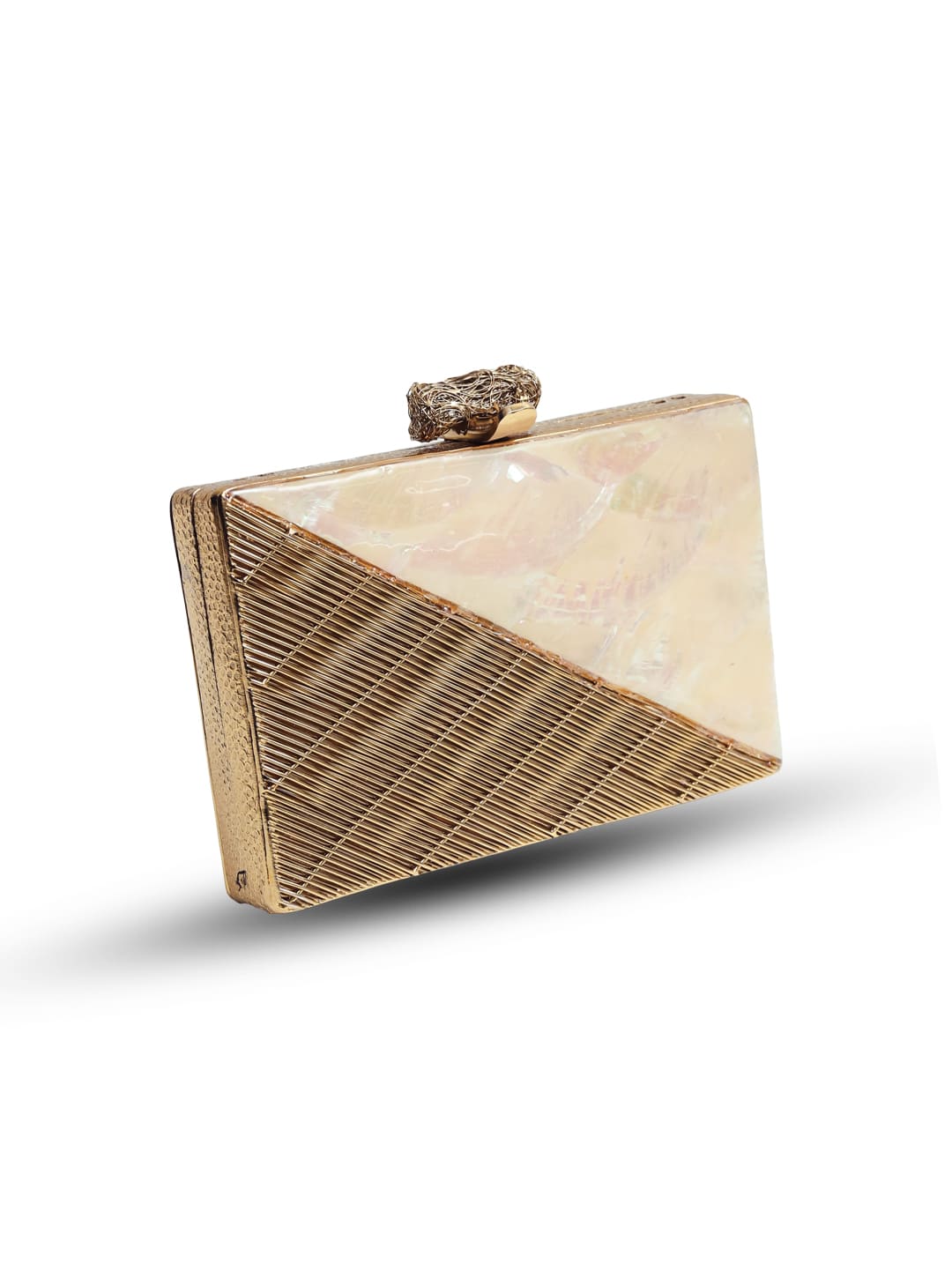 Erum golden embellished brass clutch with intricate detailing, featuring a sleek compact design by The Tan Clan.