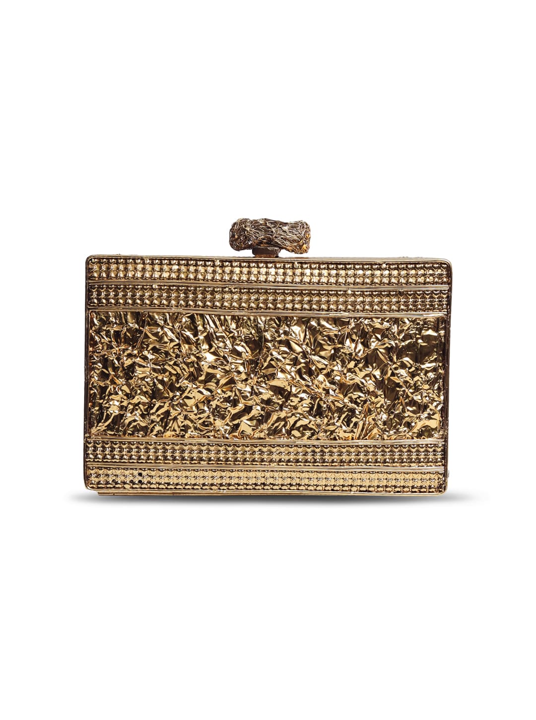 Golden embellished brass clutch bag with intricate design, featuring traditional craftsmanship from The Tan Clan.