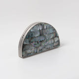 Eyan Mother of Pearl Clutch by The Tan Clan, elegant rectangular evening bag with iridescent mother of pearl surface and gold clasp.