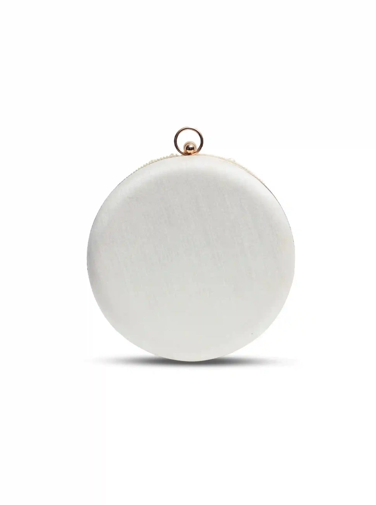 White round clutch by The Tan Clan with intricate hand embroidery, perfect for elegant occasions.