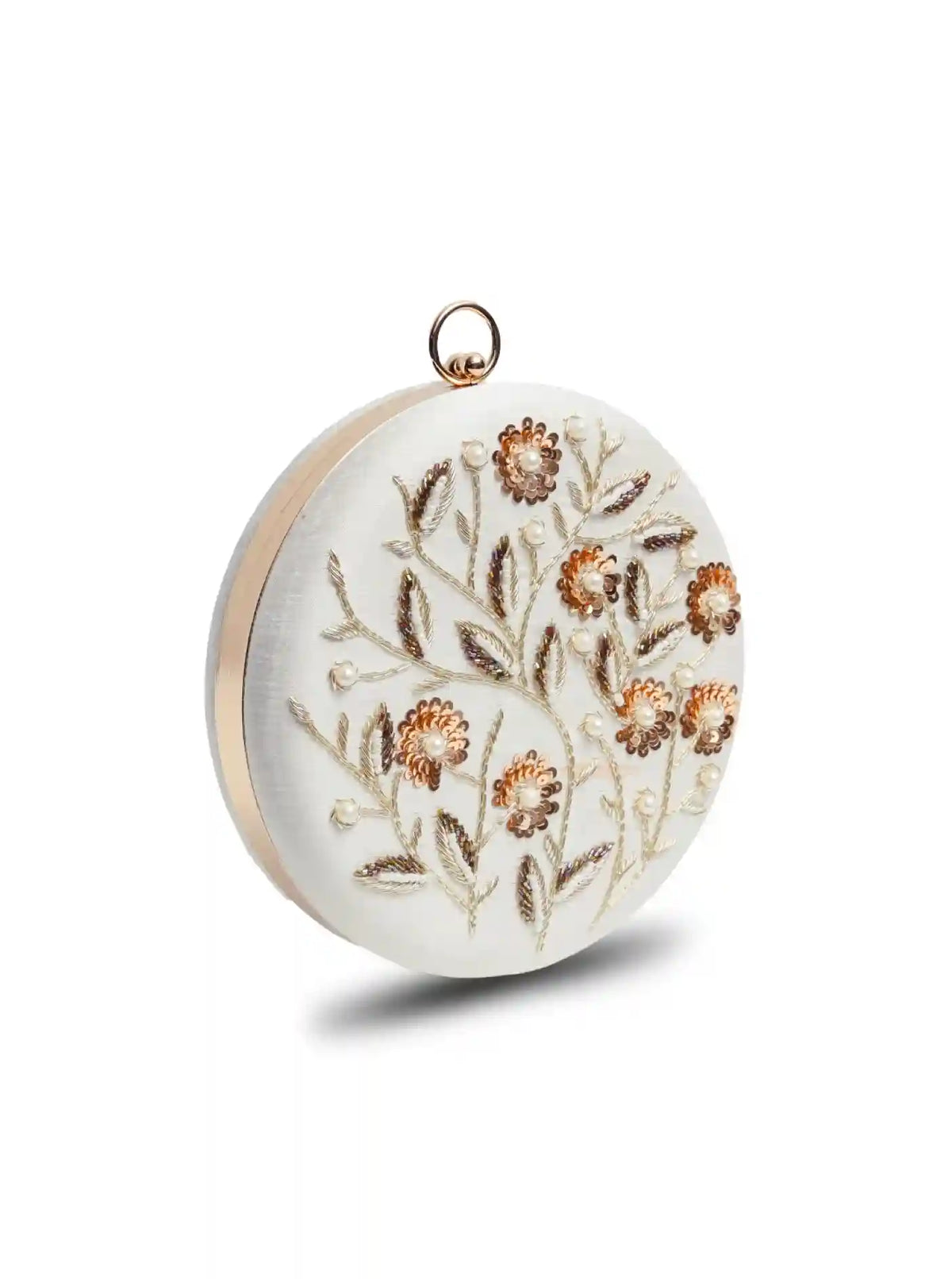 White round clutch bag with intricate hand embroidery from The Tan Clan, featuring a compact design and elegant craftsmanship.