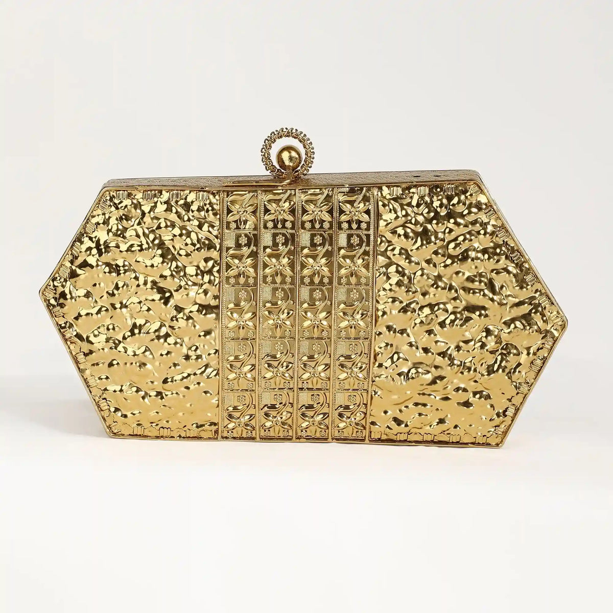 Gold brass clutch with intricate embellishments by The Tan Clan, featuring a sleek, elegant design perfect for special occasions.