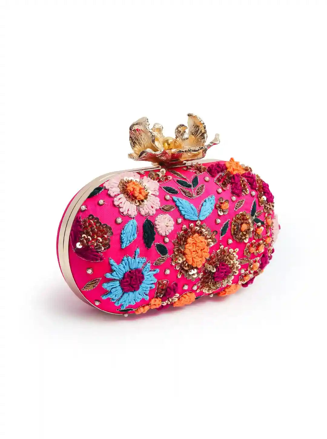 Flora Resham hand-embroidered clutch by The Tan Clan featuring colorful floral embroidery on a fabric surface.