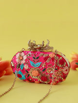 Hand embroidered Flora Resham clutch bag from The Tan Clan featuring intricate floral embroidery and a sleek design.