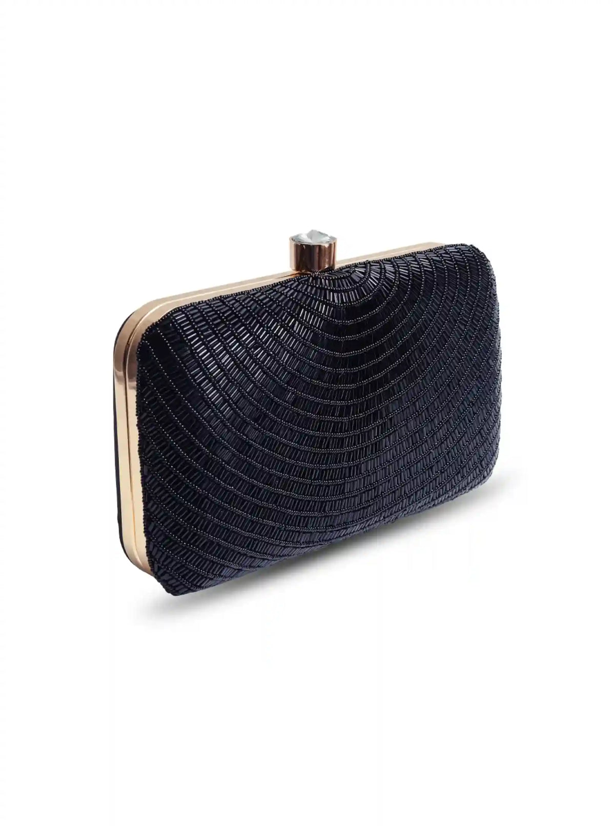 Black Glitz hand-embroidered party clutch by The Tan Clan with intricate detailing and elegant design.