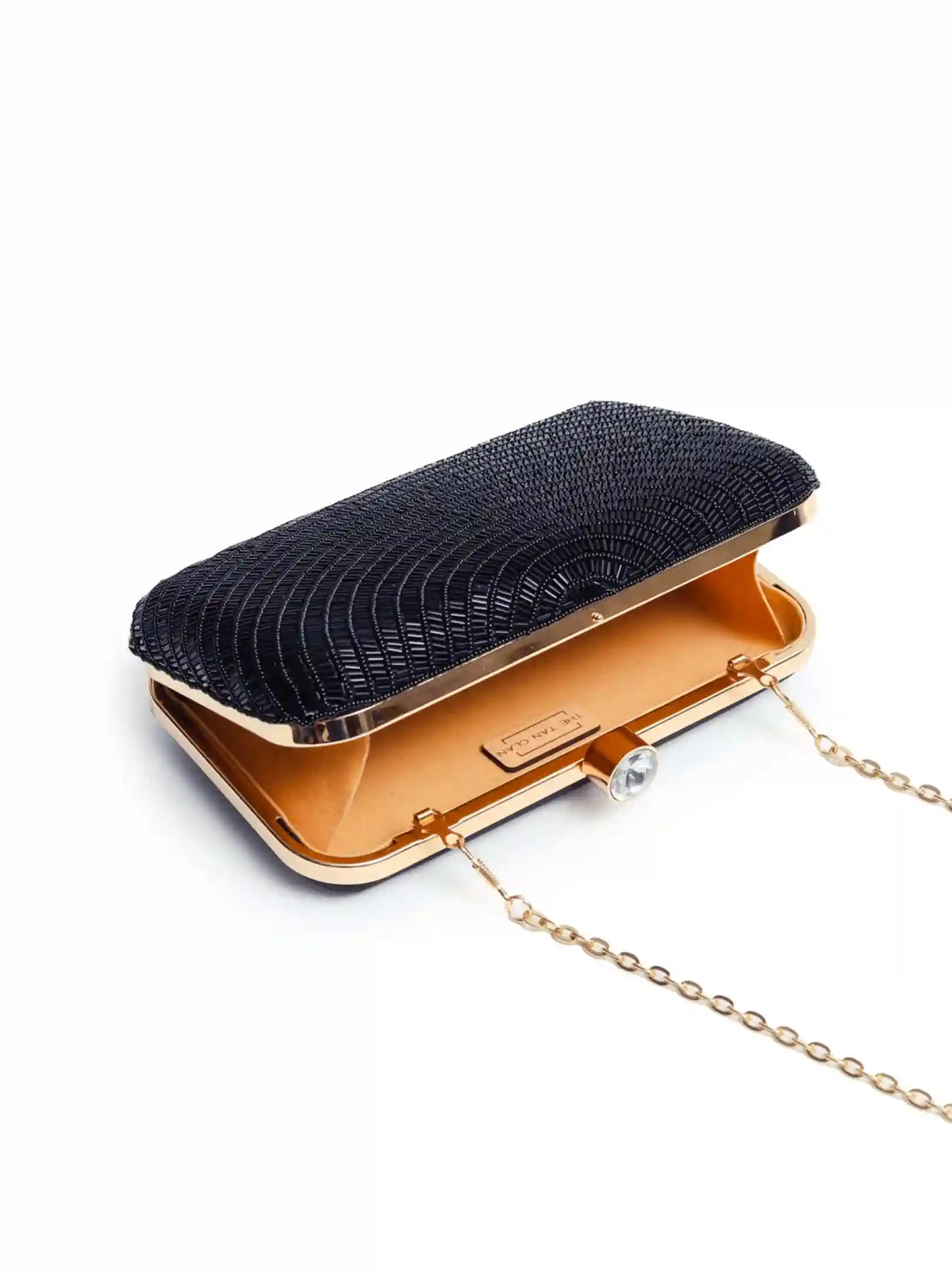 Black hand-embroidered party clutch by The Tan Clan with glittering design and compact size, perfect for evening events.