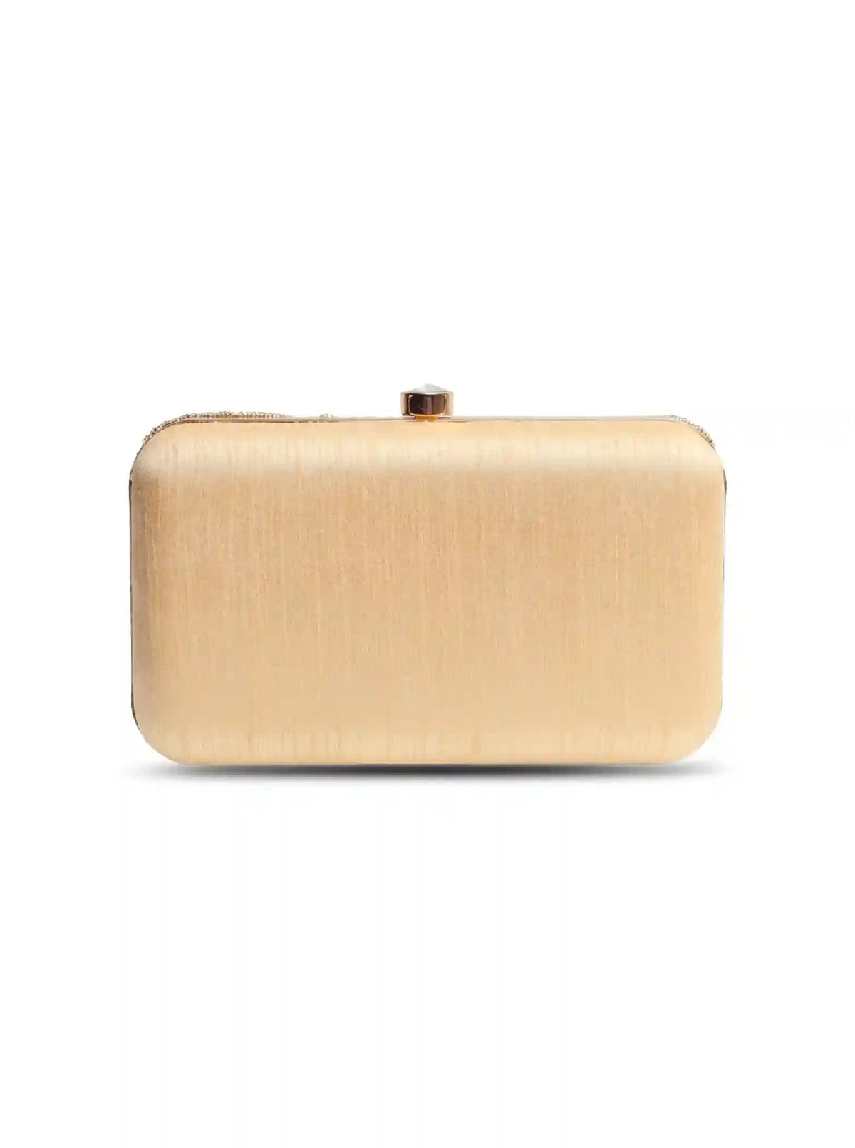 Golden hand-embroidered party clutch by The Tan Clan featuring intricate gold embroidery and a sleek, elegant design.