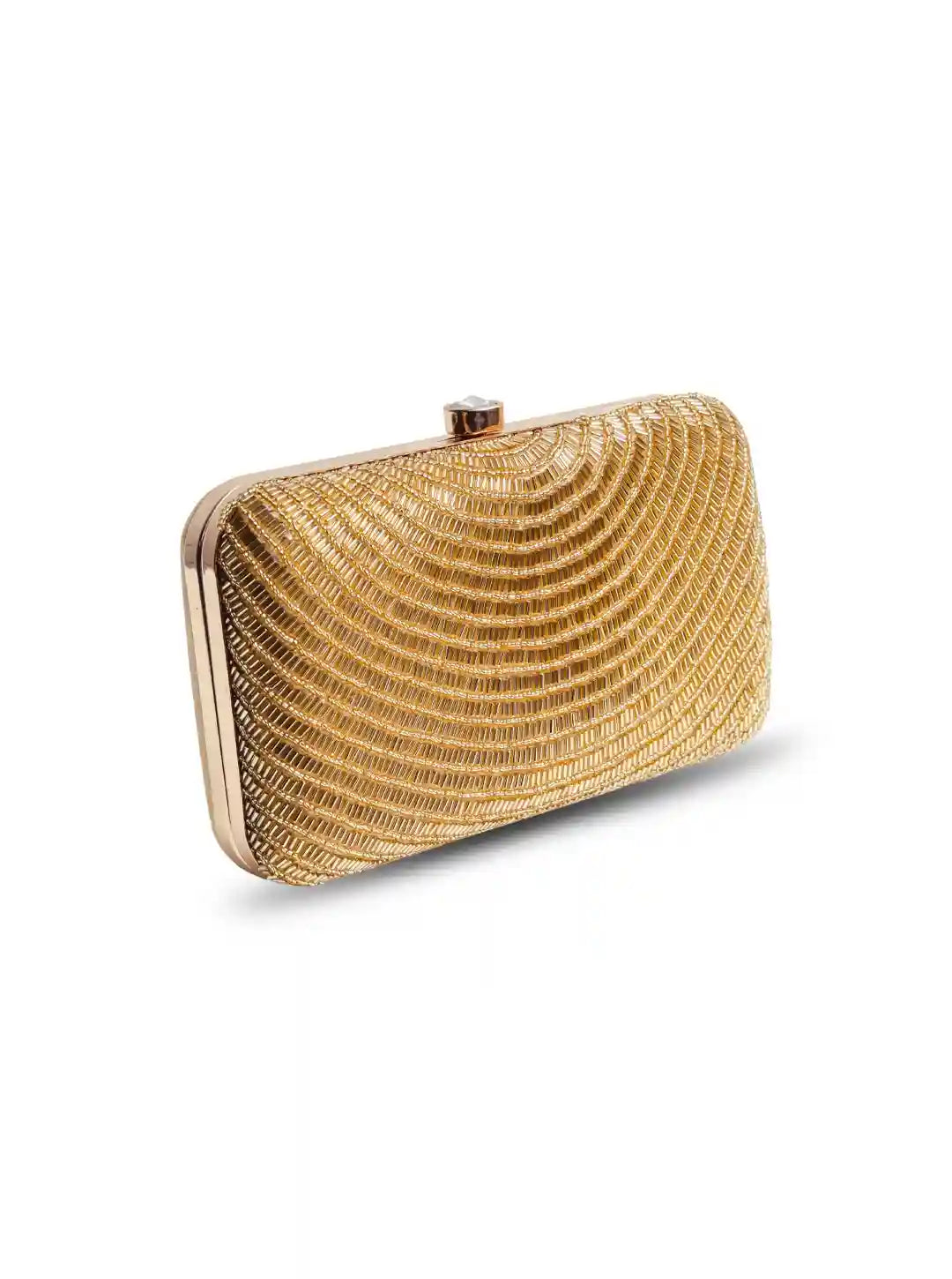 Golden hand-embroidered party clutch by The Tan Clan featuring intricate gold embroidery and elegant design.