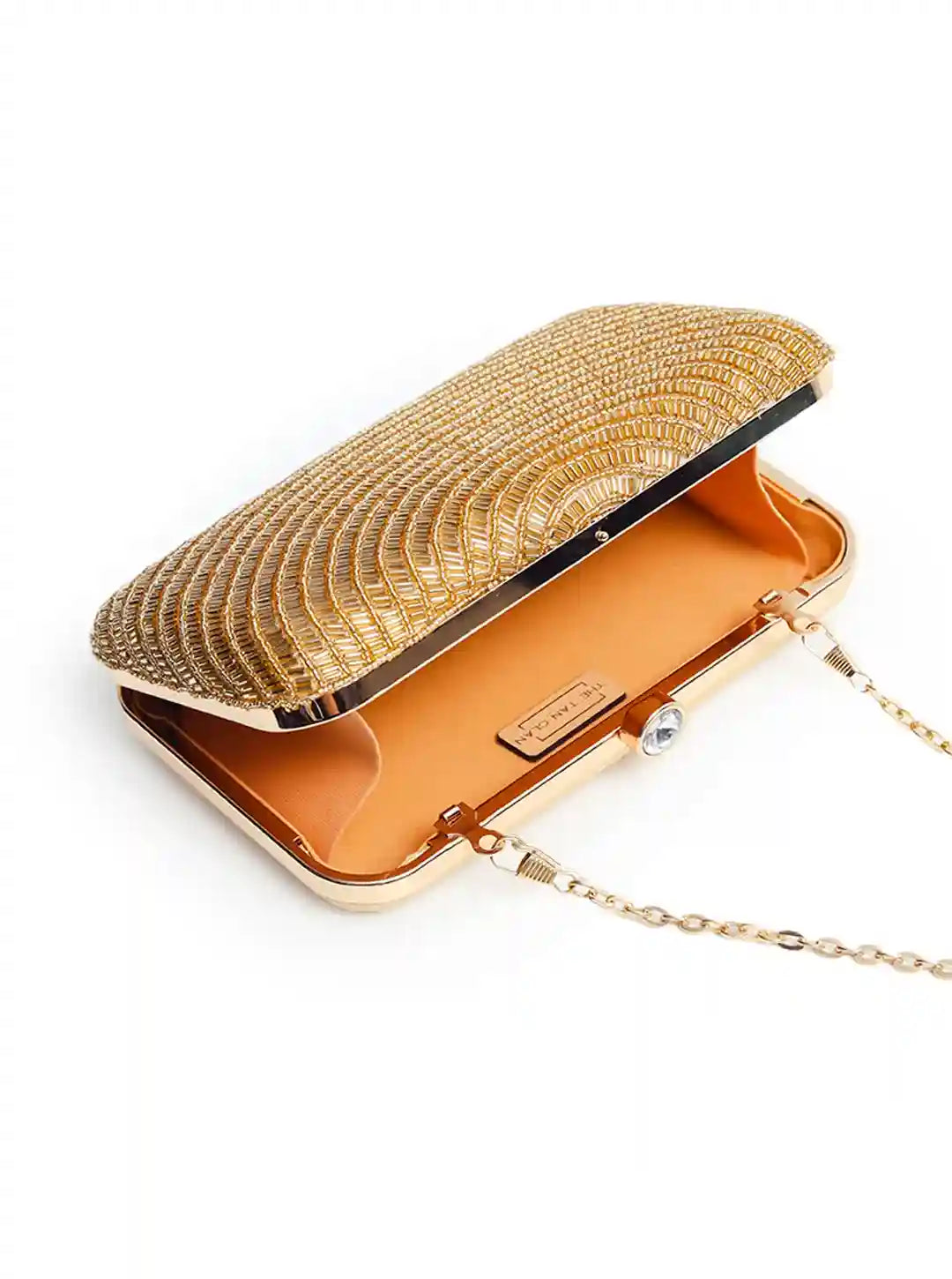 Golden hand-embroidered party clutch by The Tan Clan featuring intricate gold embroidery on a stylish evening bag.