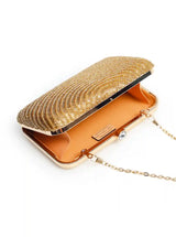 Golden hand-embroidered party clutch by The Tan Clan featuring intricate gold embroidery on a stylish evening bag.