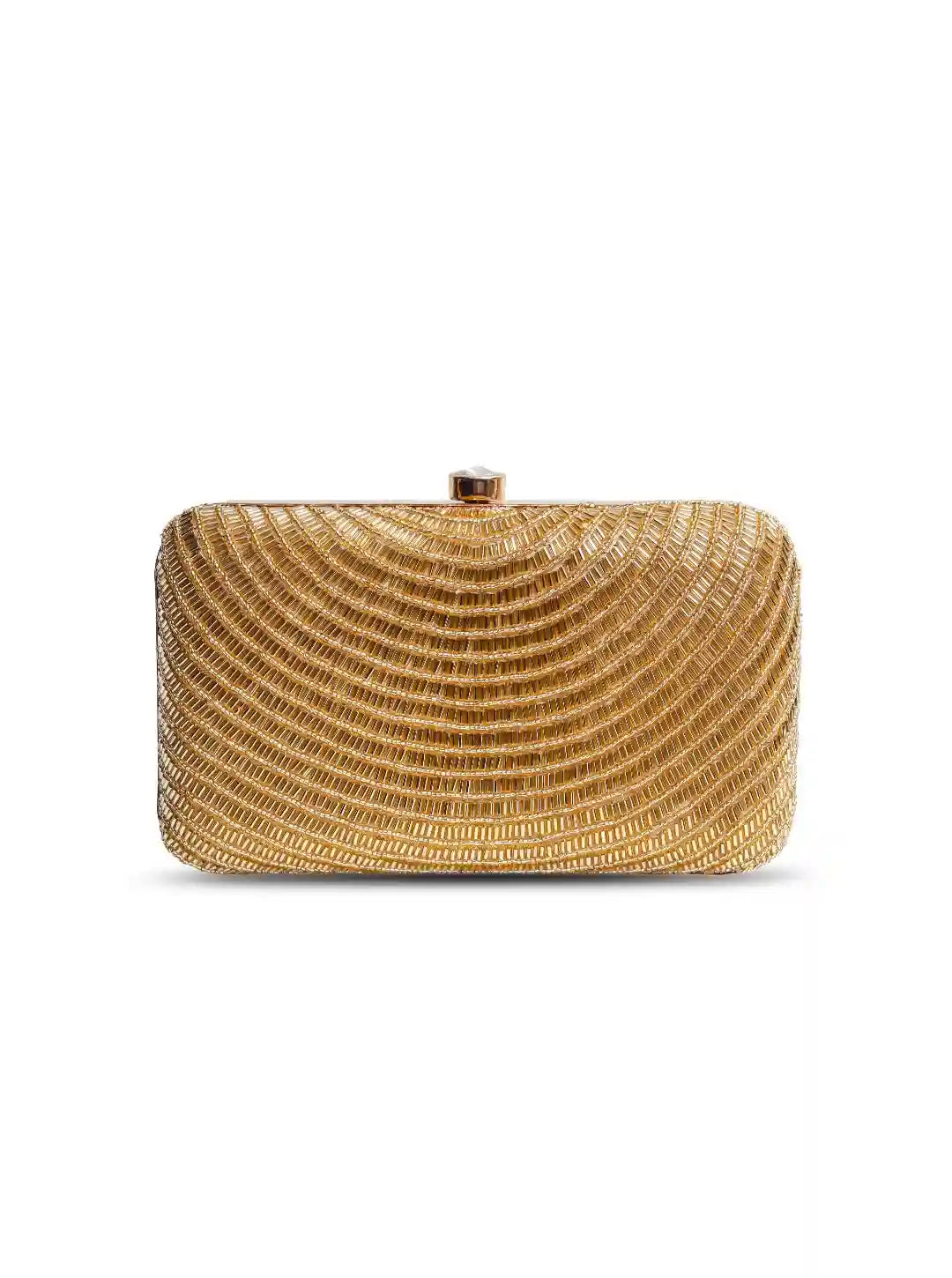 Golden hand-embroidered party clutch by The Tan Clan featuring intricate gold detailing and elegant design.