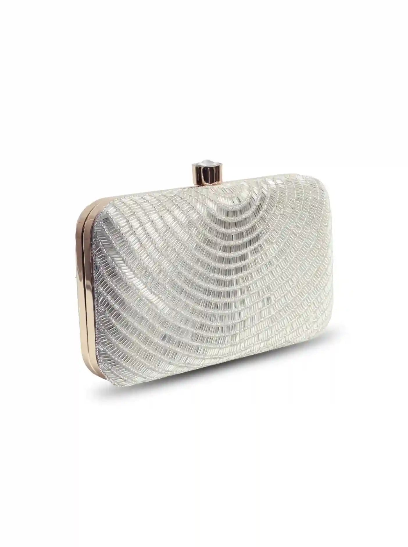 Silver hand-embroidered party clutch by The Tan Clan with a beige flap, featuring intricate Glitz Silver detailing.
