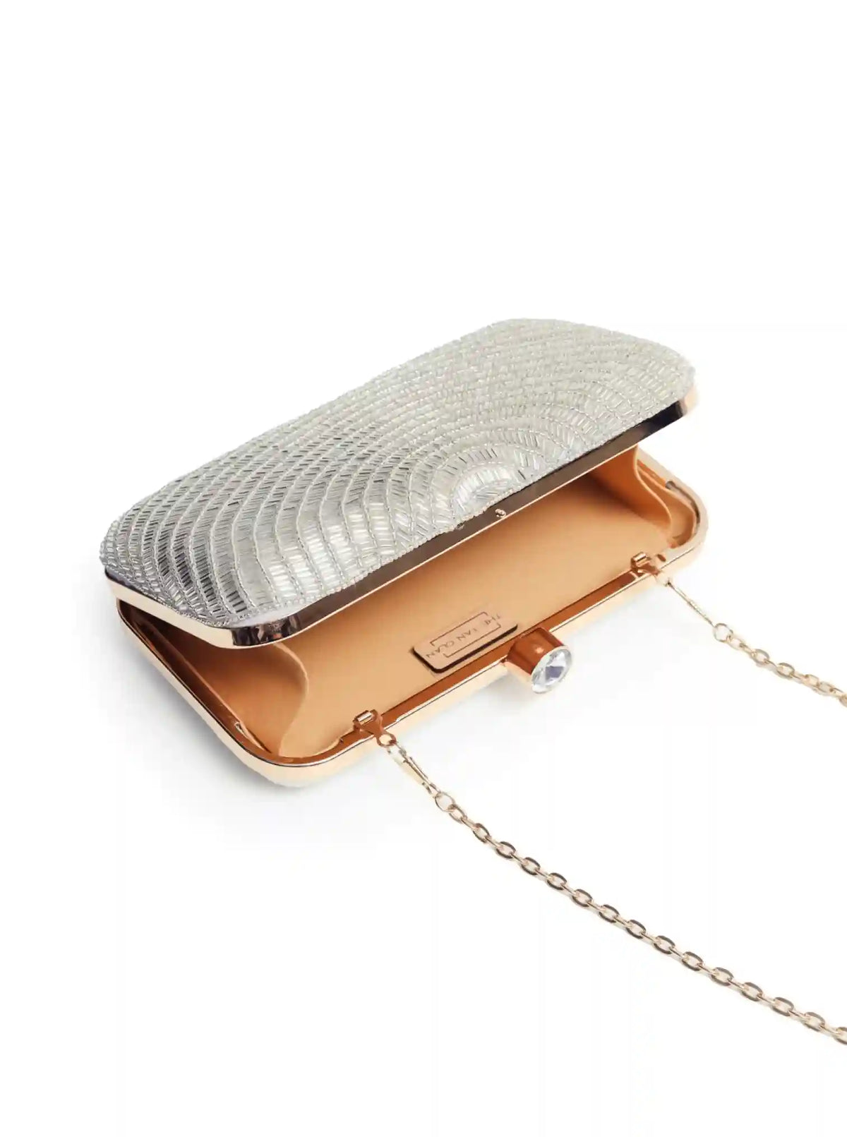 Silver hand-embroidered party clutch with beige flap from The Tan Clan, featuring intricate embellishments and elegant design.
