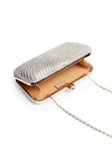 Silver hand-embroidered party clutch with beige flap from The Tan Clan, featuring intricate embellishments and elegant design.