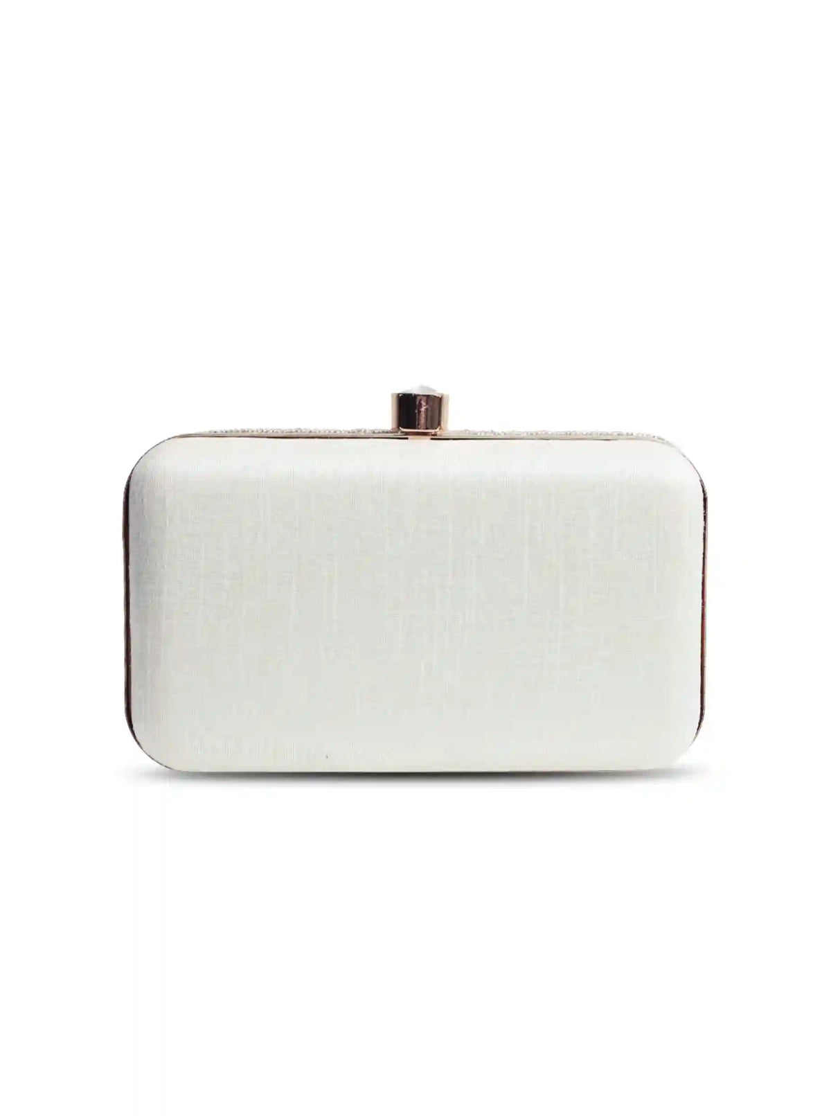 Silver hand-embroidered party clutch by The Tan Clan featuring intricate detailing and a stylish, compact design for evening events.