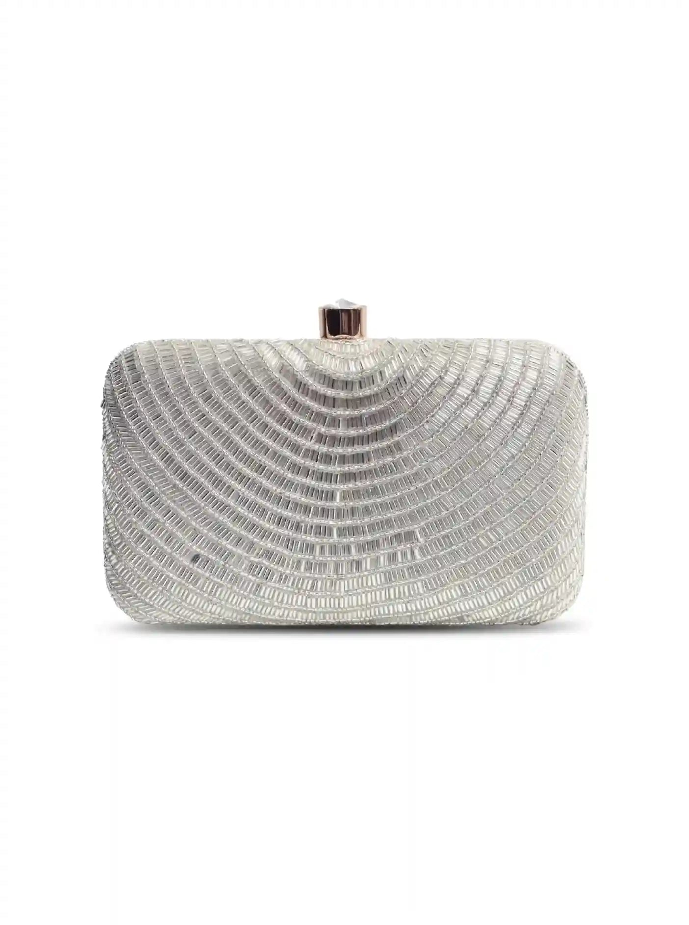 Silver hand-embroidered party clutch by The Tan Clan with intricate glitz detailing and elegant design.