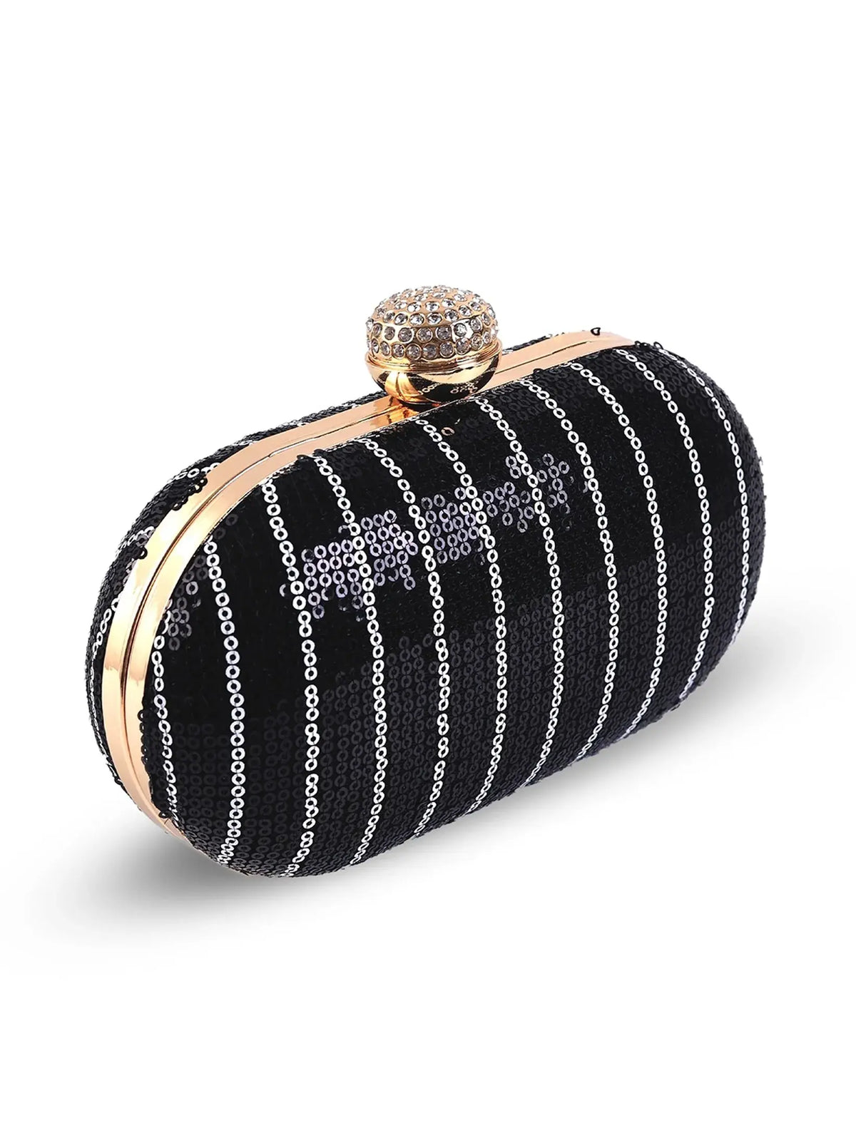 Glow black sequins oval clutch by The Tan Clan with shimmering sequin details and elegant oval shape for stylish evening wear.