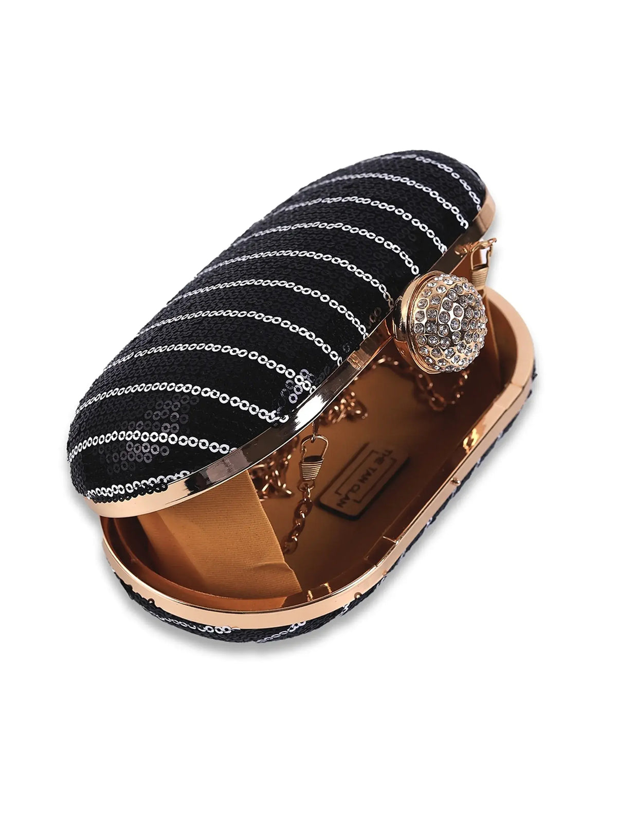 Glow black sequins oval clutch by The Tan Clan with shimmering sequin details and elegant oval shape.