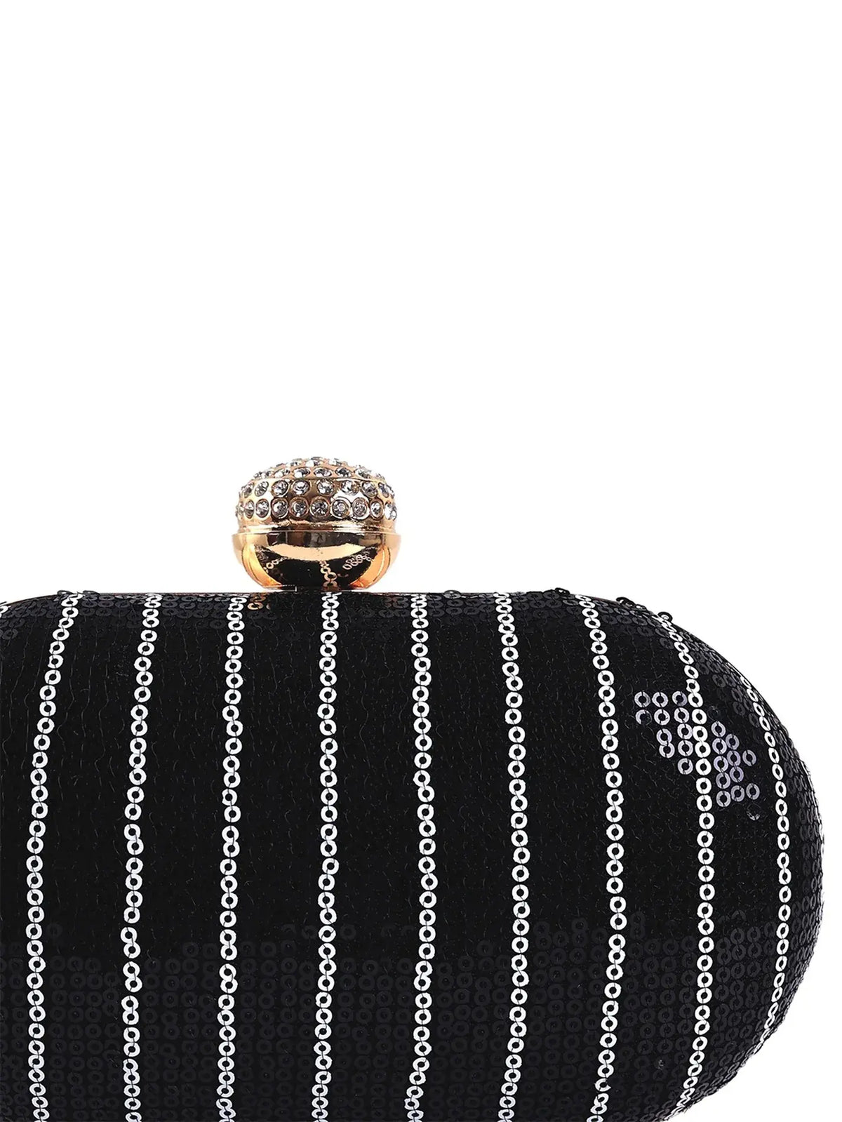Glow black sequins oval clutch by The Tan Clan featuring shimmering sequins and a sleek, elegant design for evening wear.