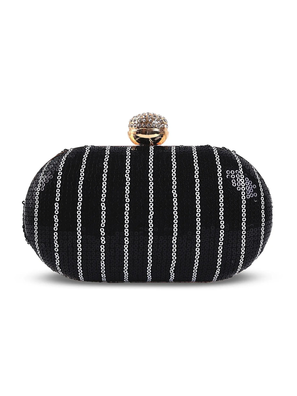 Glow Black Sequins Oval Clutch by The Tan Clan with shimmering sequin detailing and elegant oval shape.
