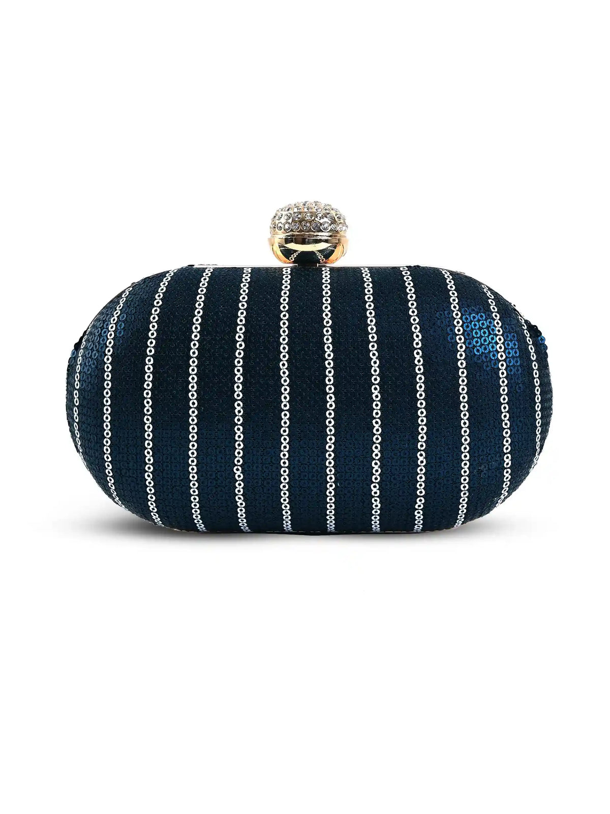 Glow blue sequins oval clutch by The Tan Clan featuring shimmering sequin embellishments and a sleek, elegant design.
