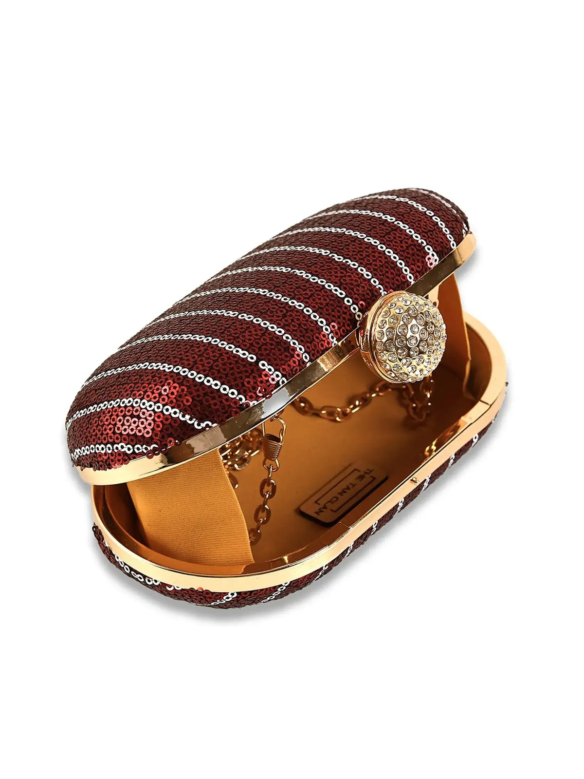 Glow maroon sequins oval clutch by The Tan Clan with sparkling sequined surface and elegant oval shape.