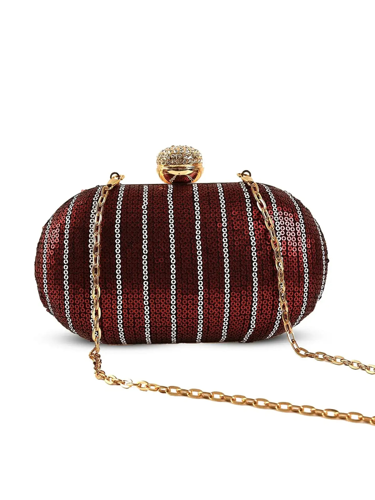 Glow maroon sequins oval clutch by The Tan Clan with shimmering sequin details and elegant design for evening occasions.