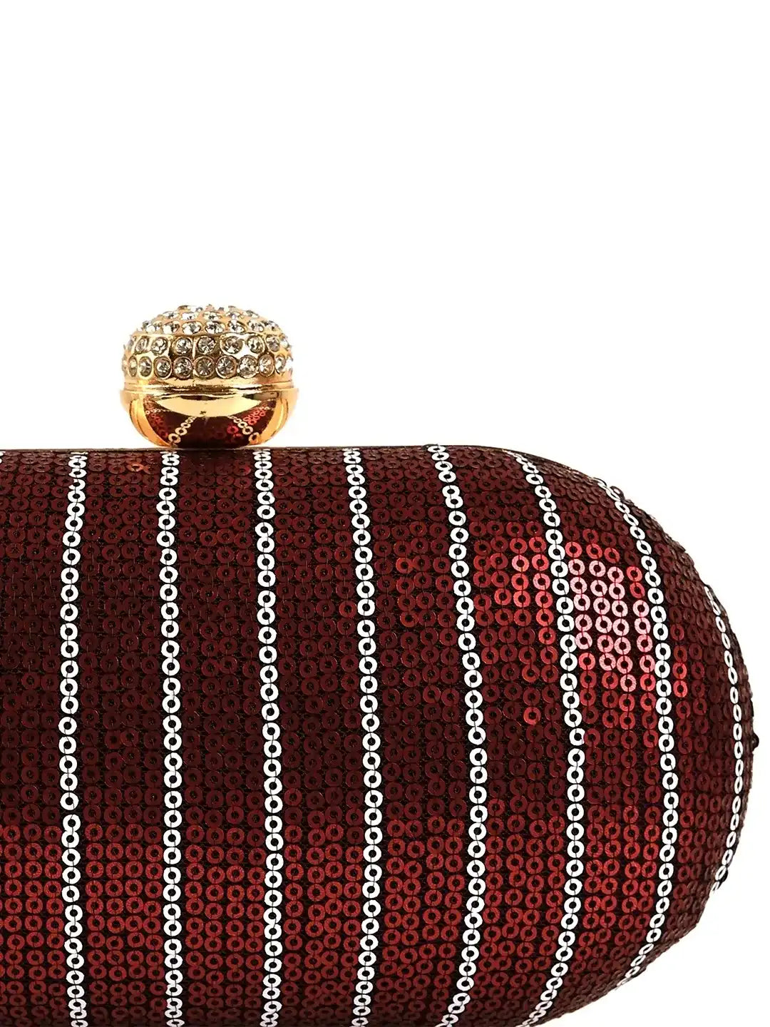 Glow maroon sequins oval clutch bag by The Tan Clan, featuring a shiny, elegant design with a sleek oval shape.
