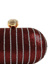 Glow maroon sequins oval clutch bag by The Tan Clan, featuring a shiny, elegant design with a sleek oval shape.