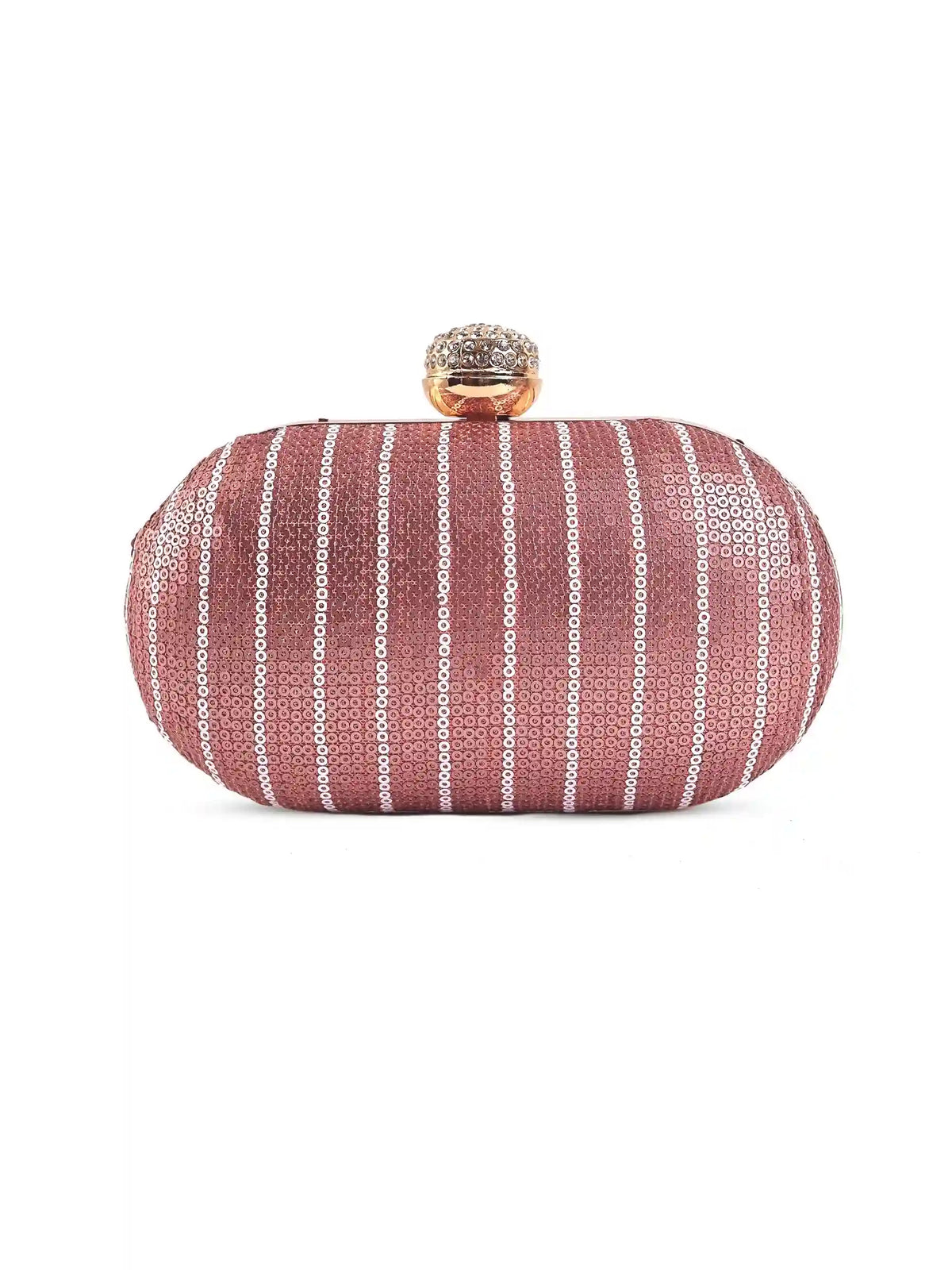 Glow pink sequins oval clutch by The Tan Clan with shimmering sequin design and elegant oval shape.