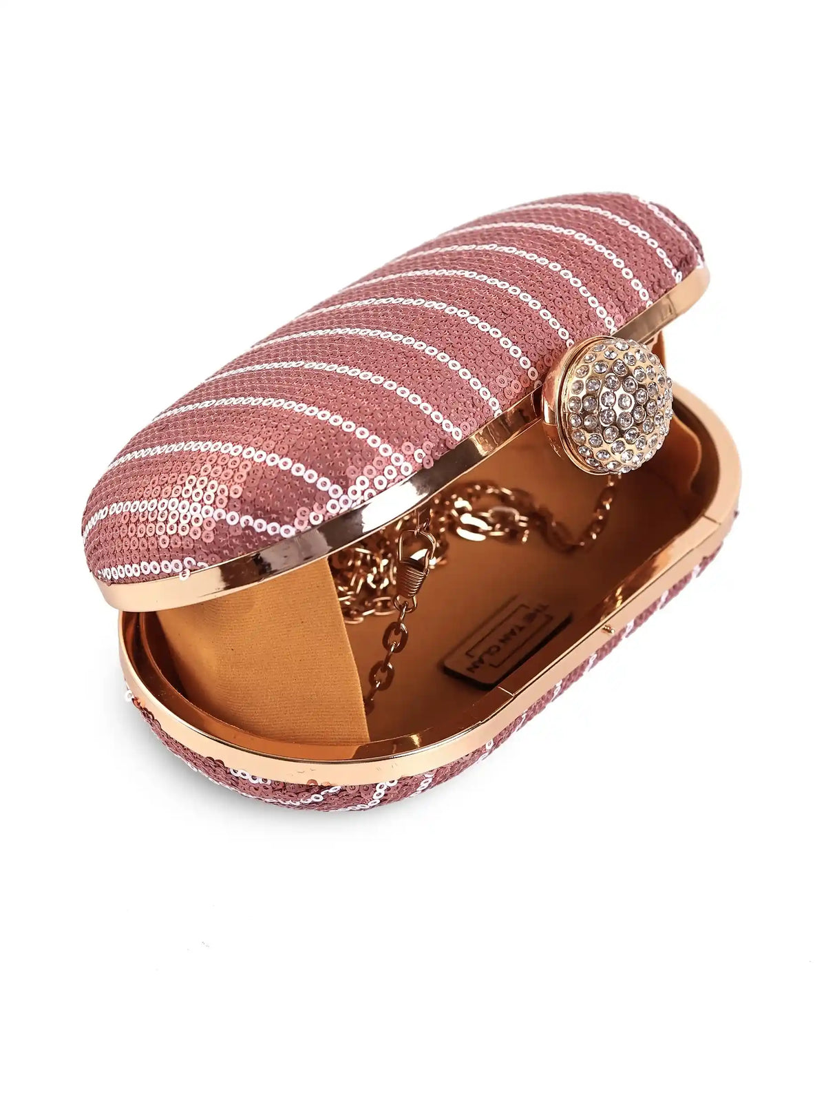 Glow pink sequins oval clutch by The Tan Clan with shimmering sequin details and elegant design for evening events.