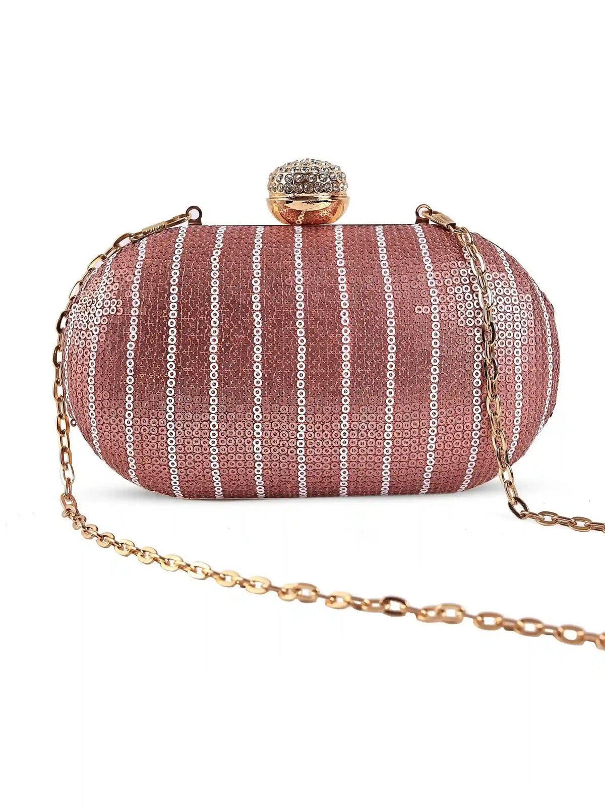 Glow pink sequins oval clutch by The Tan Clan with shimmering sequin surface and elegant oval shape.
