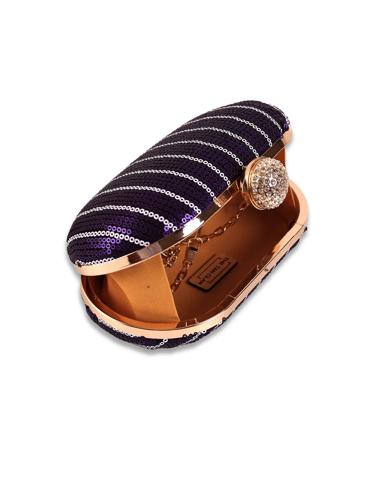 Glow purple sequins oval clutch by The Tan Clan with shimmering sequined exterior and elegant oval shape.