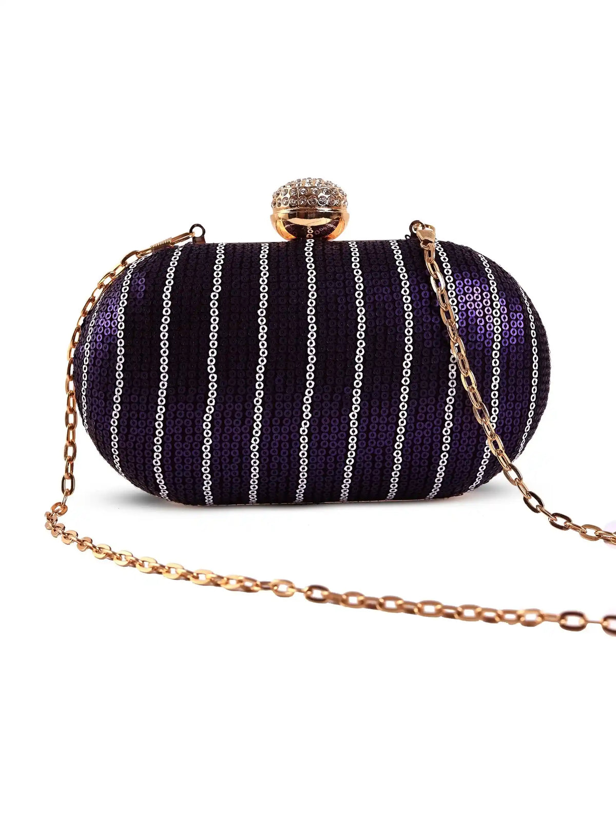 Glow purple sequins oval clutch by The Tan Clan with shimmering sequin details and a sleek, compact design.