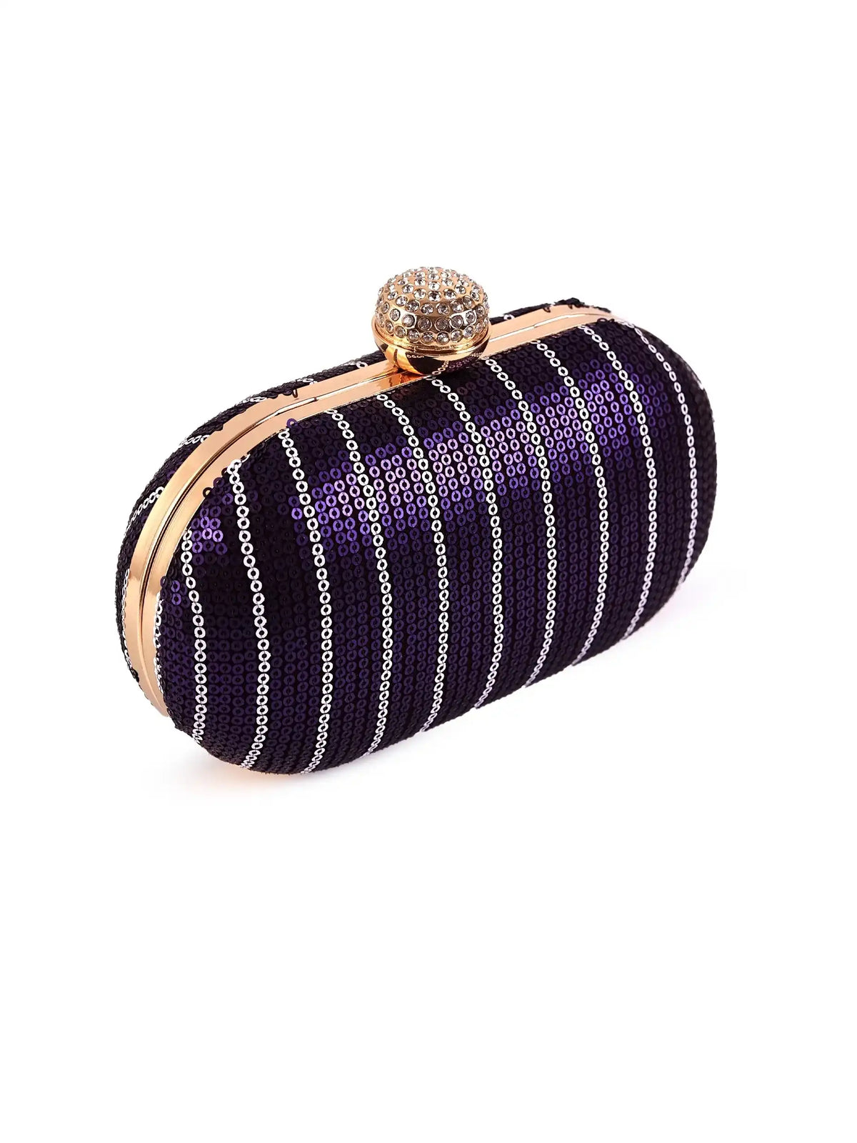 Glow purple sequins oval clutch bag by The Tan Clan with shimmering sequin detailing and sleek oval shape.