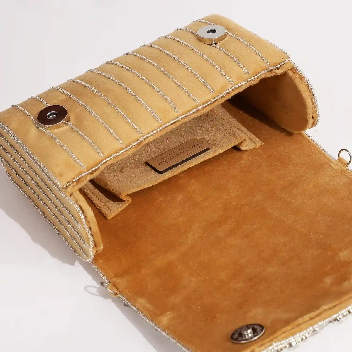 Grace Embellished Flap Over Bag by The Tan Clan, featuring decorative embellishments and a flap closure in stylish design.