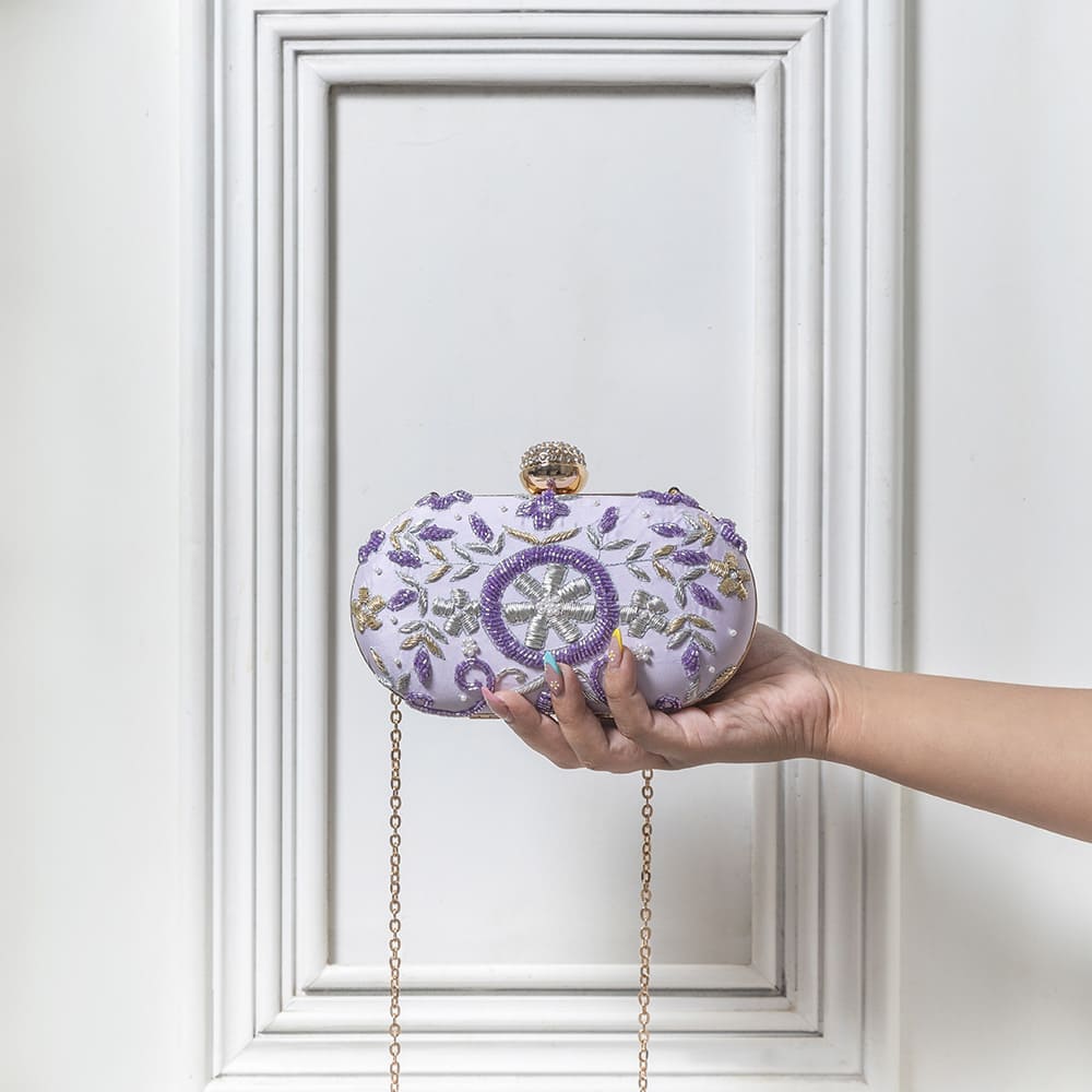 Gul Lilac hand-embroidered clutch purse by The Tan Clan featuring intricate embroidery and a compact, elegant design.